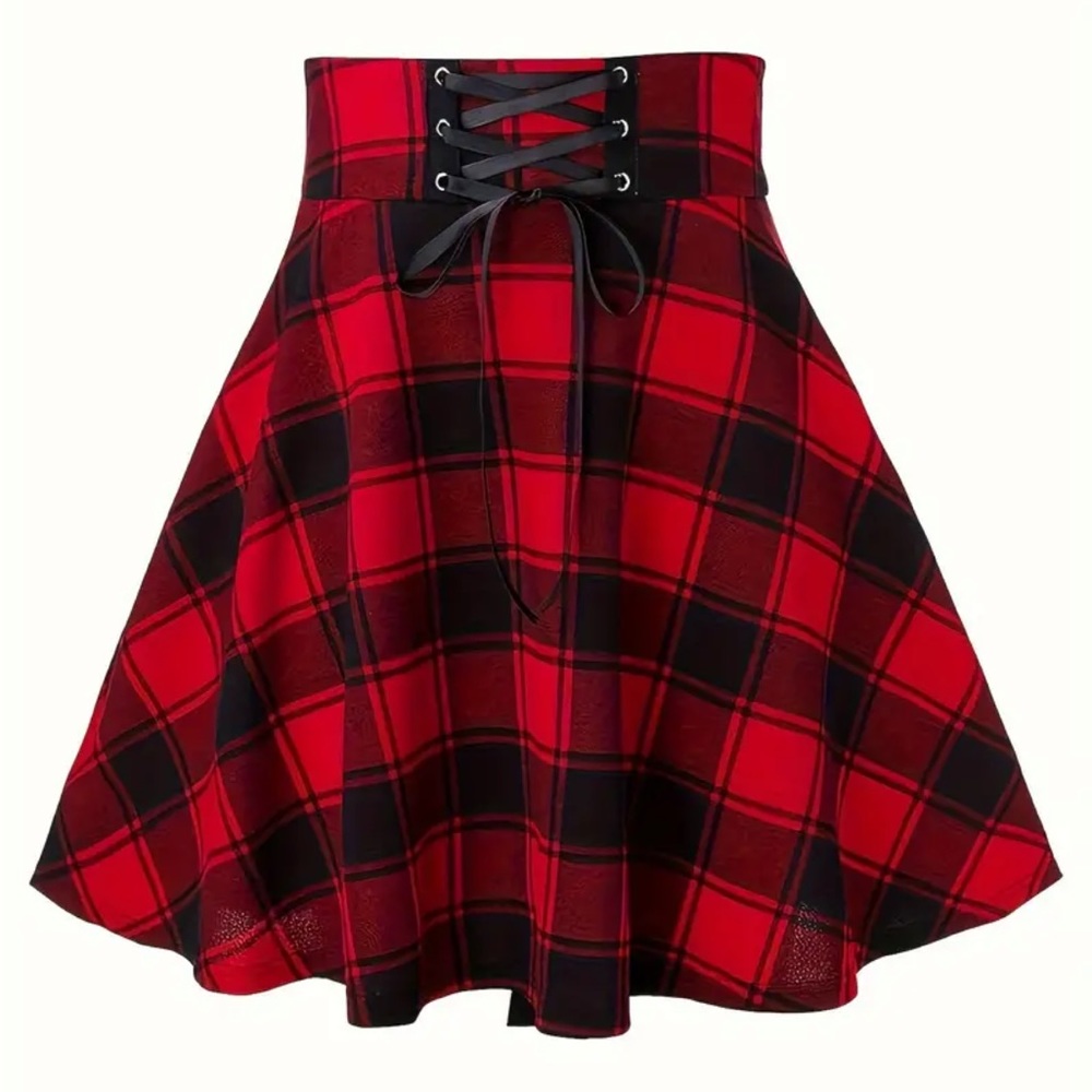 Plaid Lace Up High Waist Flared Skirt